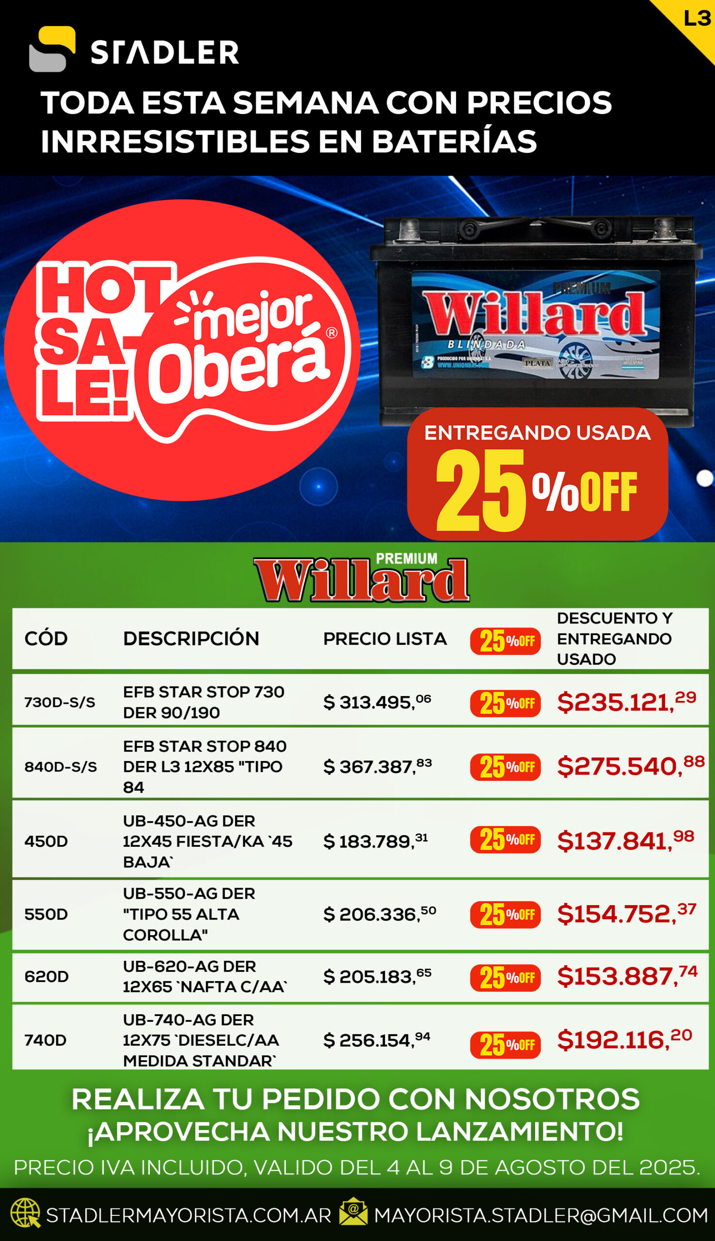 25% OFF Baterías WILLARD Entregando usada